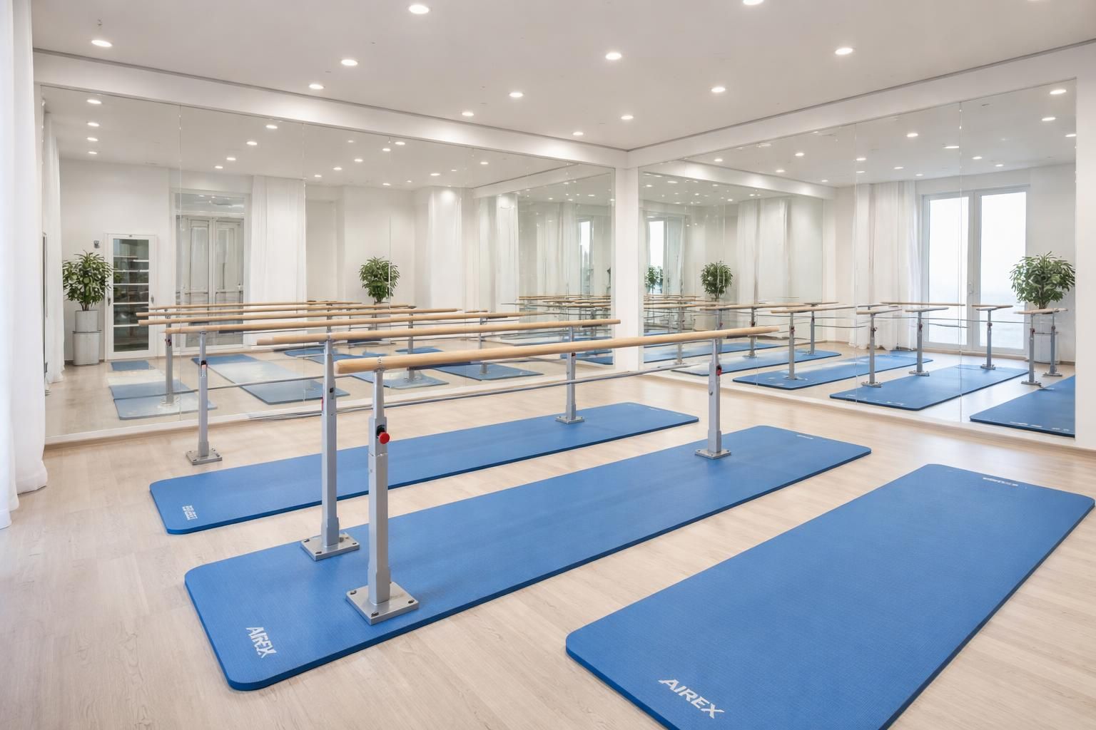 améliorez votre salle de gym avec des tapis de sol airex, des miroirs muraux et des barres parallèles pour un entraînement confortable et efficace.