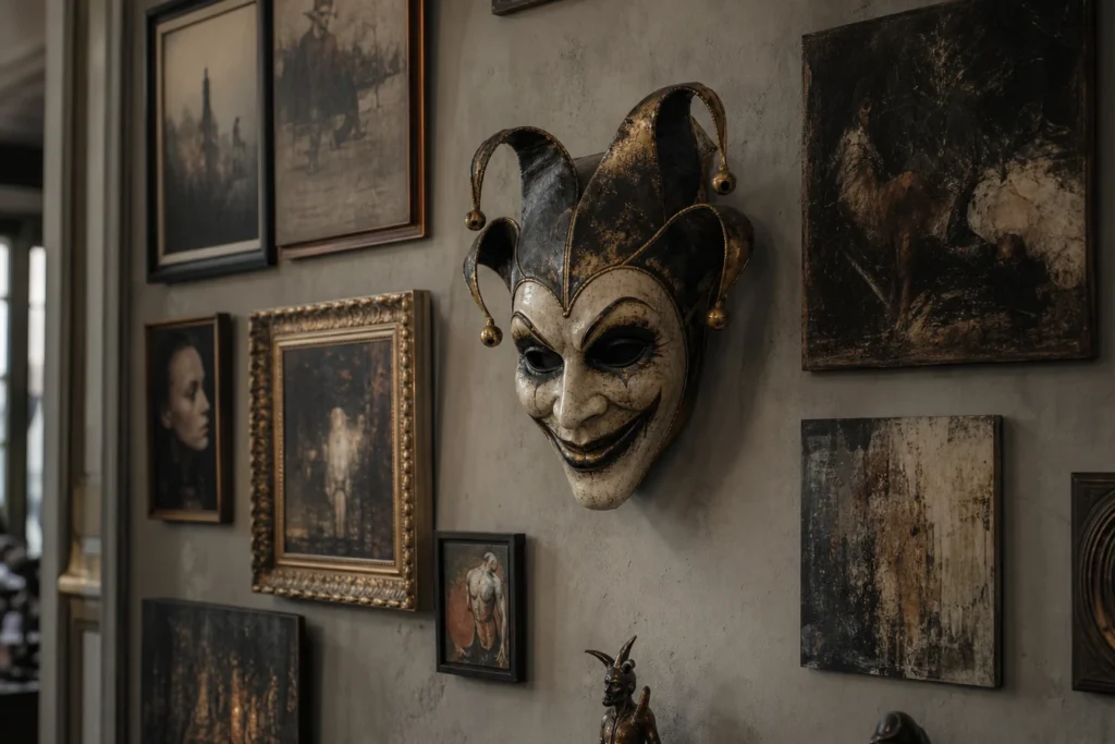Masque joker et mur de galerie : composer un accrochage qui raconte une histoire